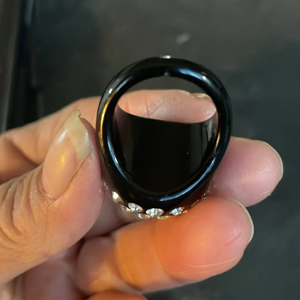 Vintage retro black lucite AB crystal dome ring